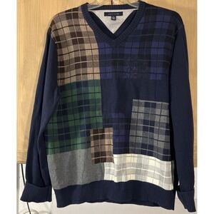 Tommy Hilfiger Navy Green Brown‎ Gray Plaid V Neck LS Pullover Sweater Men's XL